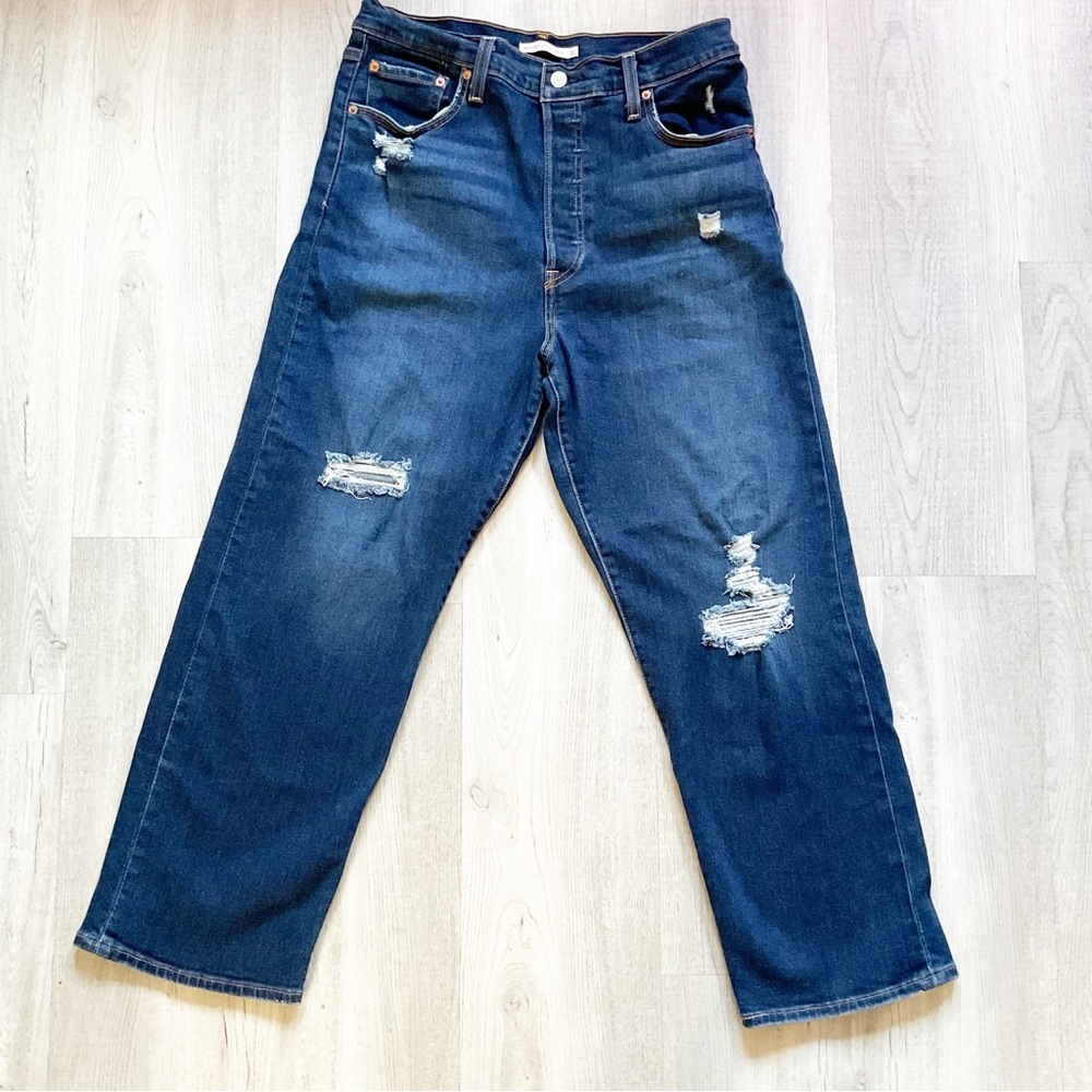 Levi's Dark Blue Distressed Straight-Leg Jeans
